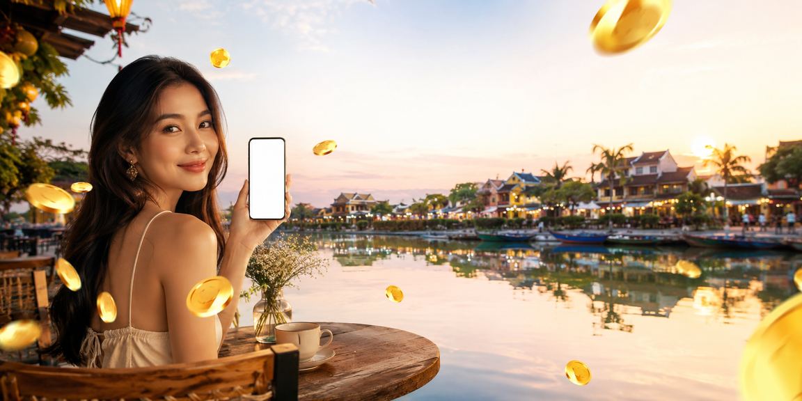 Người dùng tại Hội An thưởng thức cà phê và đăng nhập tài khoản cá cược trên điện thoại